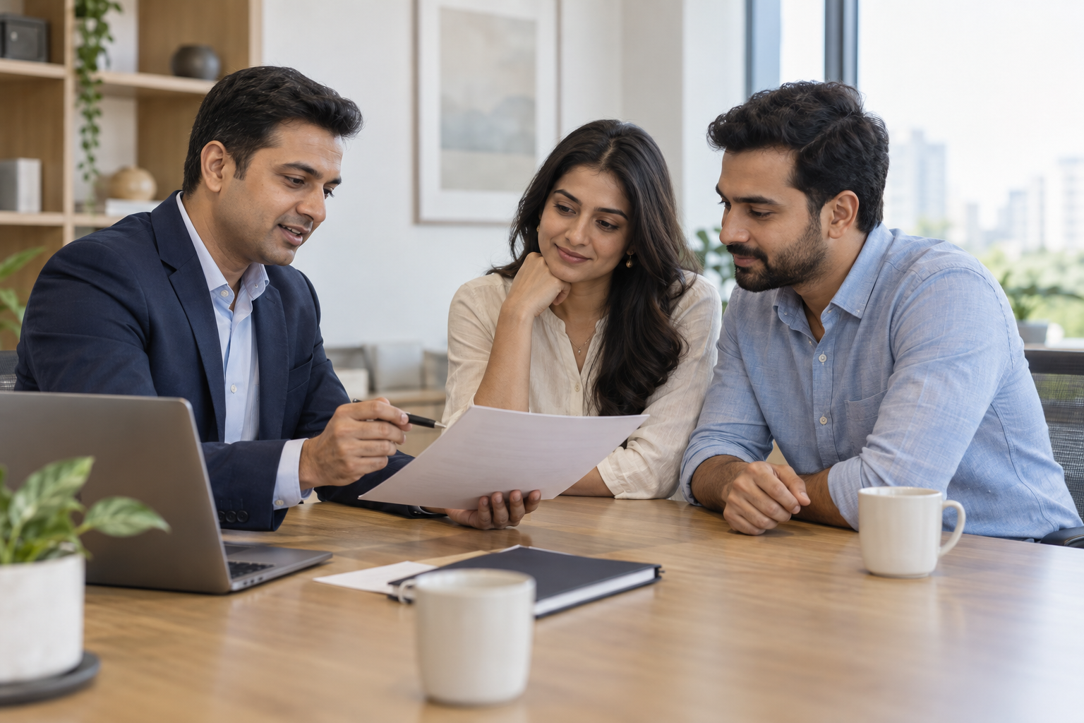 NatrajPlus — Home An Indian couple discussing financial plans with an advisor