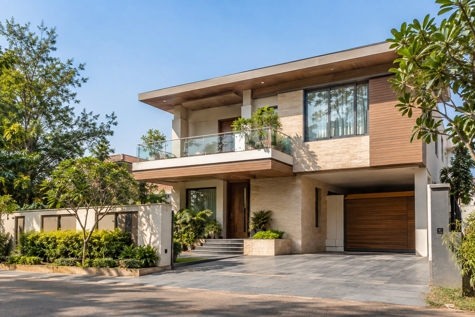NatrajPlus — Home A contemporary home with natural stone, wood and green landscaping