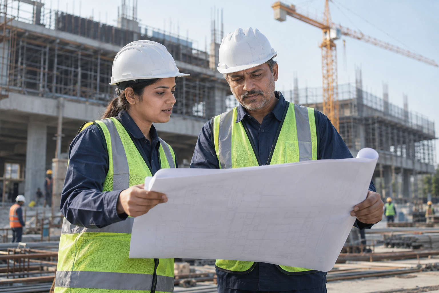 NatrajPlus — Home Indian engineers reviewing plans at a commercial construction site